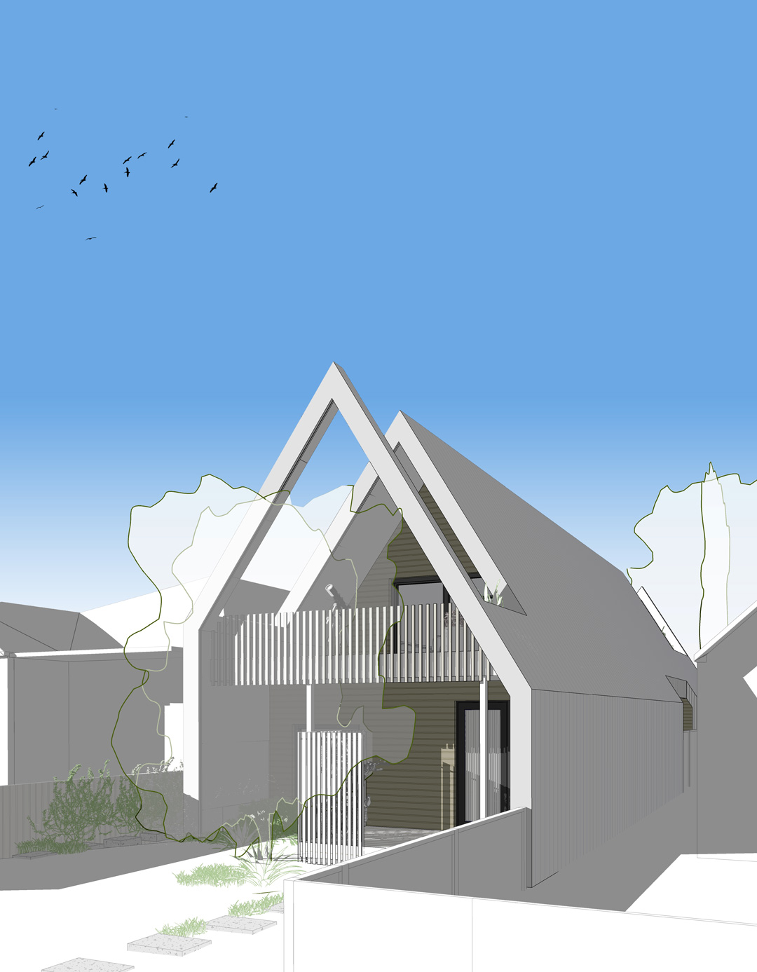 Steep-gabled Passive House with front verandah in a suburban setting