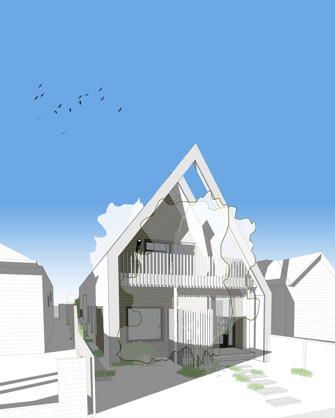 Steep-gabled Passive House with front verandah in a suburban setting