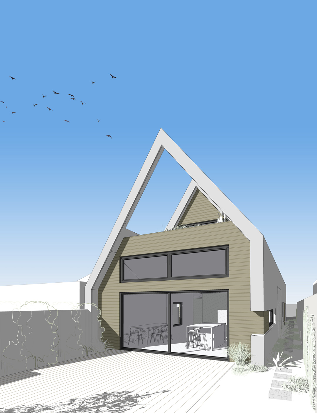 Rear view of steep-gabled Passive House with north-facing windows enhancing interior exterior connection and solar gain