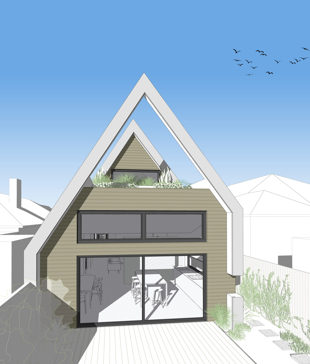 Rear view of steep-gabled Passive House with north-facing windows and rooftop garden integrating permaculture design